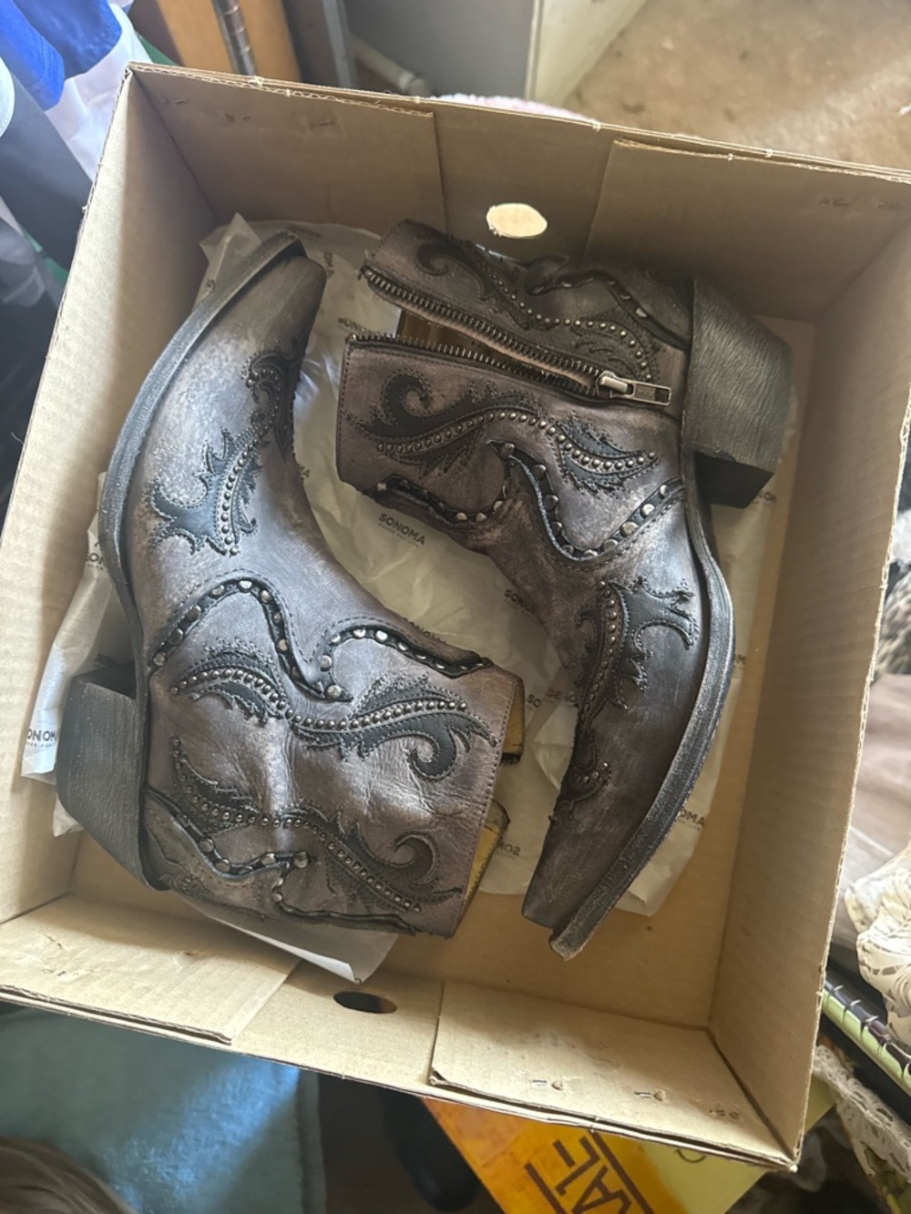 Corral Grey Distressed Leather Studded Western Ankle Boots